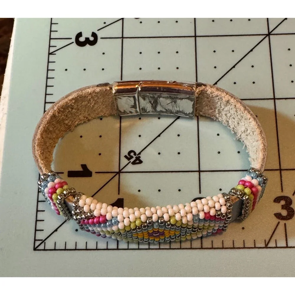 Leather Hand Beaded Bracelet Spring Colors